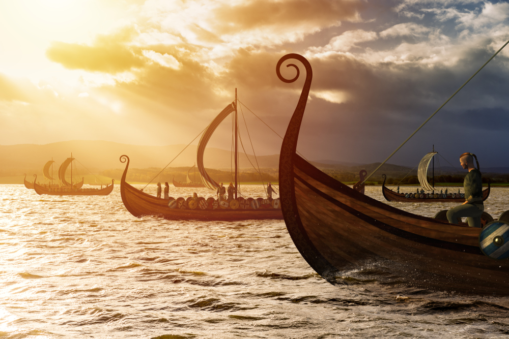 Barcos vikingos surcando los mares camino de Islandia